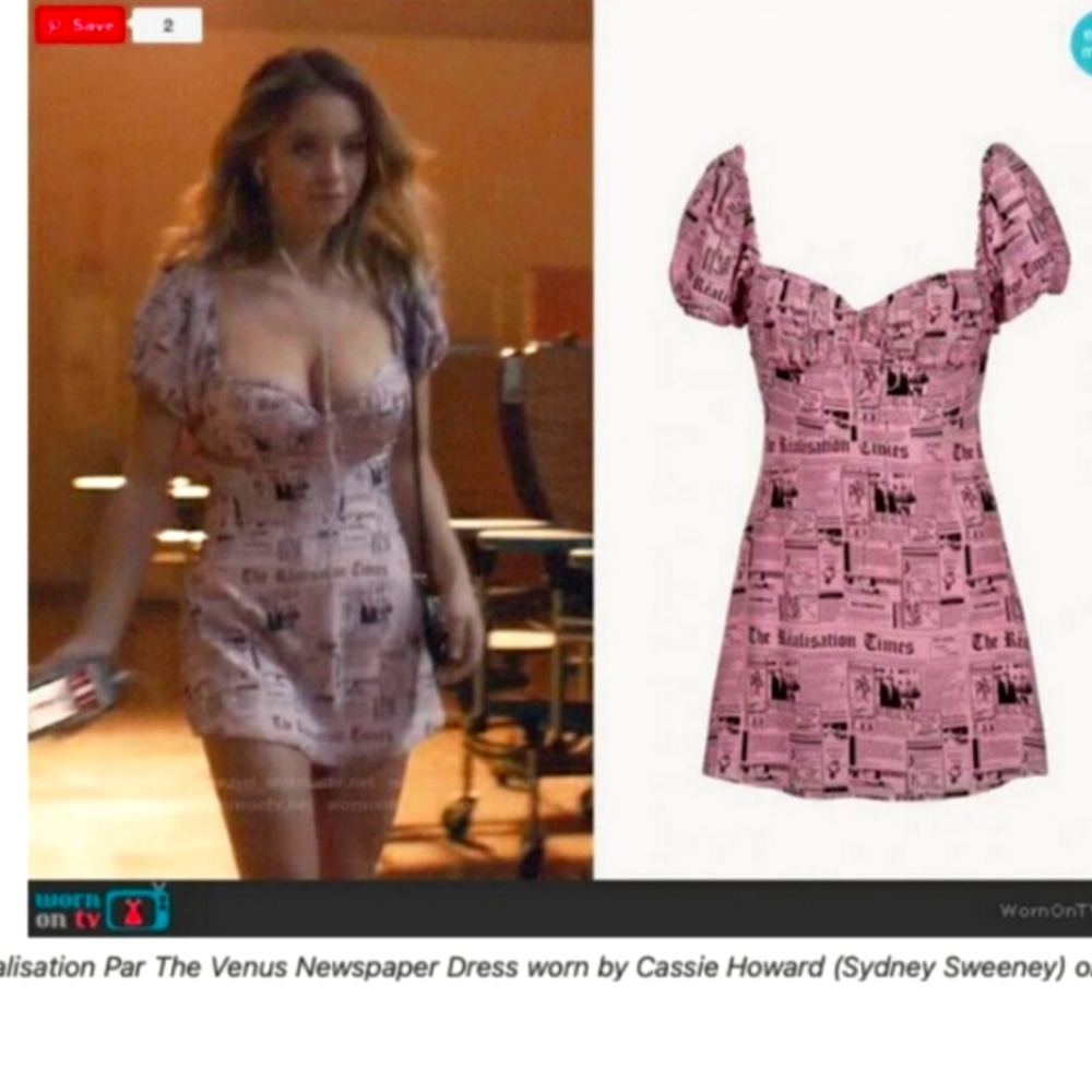Sydney Sweeney Dress Realisation Par Venus pink newspaper print xs
